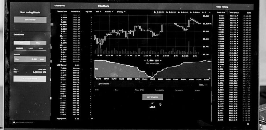 Trading Screen with charts and quote boards. Grayscale.